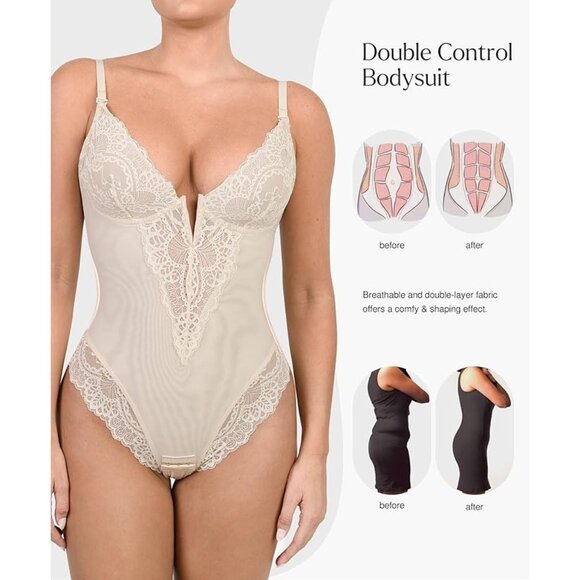 Popilush Lace Shapewear Bodysuit Thong Tummy Control Backless Cream 3XL NWT - Picture 3 of 4